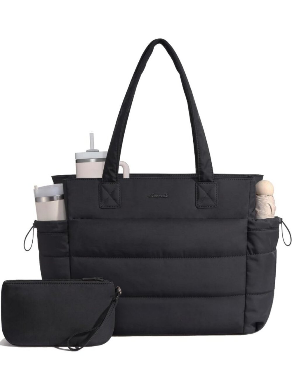 Stylish Tote Bag for Women with Tumbler Holder, Puffer Laptop Handbag for Work